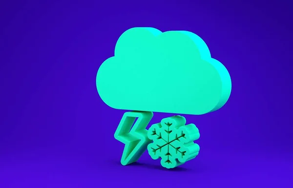 Zielona chmura ze śniegiem i ikoną błyskawicy na niebieskim tle. Chmura z płatkami śniegu. Pojedyncza ikona pogody. Znak śniegu. Koncepcja minimalizmu. Ilustracja 3d — Zdjęcie stockowe