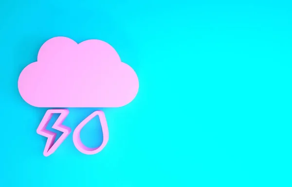 Rosa Wolke mit Regen und Blitz-Symbol isoliert auf blauem Hintergrund. Regenwolken Niederschlag mit Regentropfen. Wettersymbol des Sturms. Minimalismus-Konzept. 3D Illustration 3D Renderer — Stockfoto