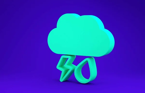 Green Cloud with rain and lightning icon isolated on blue background. Rain cloud precipitation with rain drops.Weather icon of storm. Minimalism concept. 3d illustration 3D render