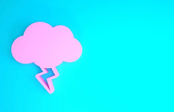 Ícone de tempestade rosa isolado no fundo azul. Sinal de nuvem e relâmpago. Ícone meteorológico da tempestade. Conceito de minimalismo. 3D ilustração 3D render — Fotografia de Stock