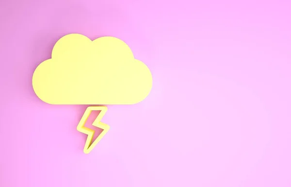 Icono de tormenta amarilla aislado sobre fondo rosa. Nube y relámpago. Icono del tiempo de tormenta. Concepto minimalista. 3D ilustración 3D render — Foto de Stock