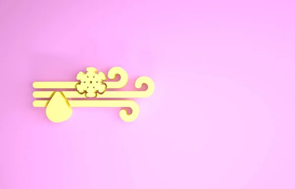 Giallo Vento e pioggia con icona di neve isolata su sfondo rosa. Tempo ventoso. Concetto minimalista. Illustrazione 3d rendering 3D — Foto Stock