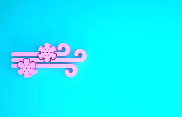 Rózsaszín szél és hó ikon elszigetelt kék háttérrel. Szeles az idő. Minimalizmus koncepció. 3d illusztráció 3d render — Stock Fotó