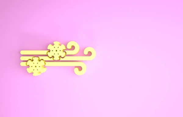 Ícone de vento e neve amarelo isolado no fundo rosa. Tempo ventoso. Conceito de minimalismo. 3D ilustração 3D render — Fotografia de Stock