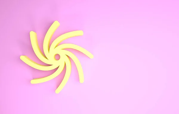 Жовта піктограма Торнадо ізольована на рожевому фоні. Циклон, вихор, штормова воронка, ураганний вітер або іконка погоди. Концепція мінімалізму. 3D ілюстрація 3D рендеринга — стокове фото
