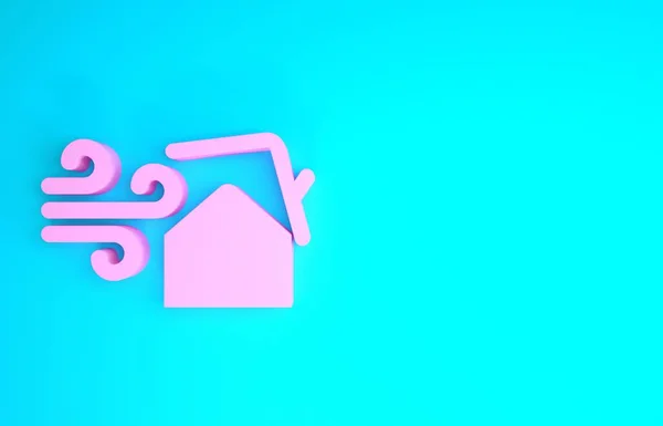 Putaran Tornado merah muda merusak rumah atap ikon terisolasi di latar belakang biru. Topan, angin puyuh, corong badai, ikon angin topan. Konsep minimalisme. Tampilan 3D ilustrasi 3d — Stok Foto