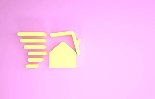 Sárga Tornádó örvény károk ház tető ikon elszigetelt rózsaszín háttér. Ciklon, forgószél, vihartölcsér, hurrikán szélikon. Minimalizmus koncepció. 3d illusztráció 3d render — Stock Fotó