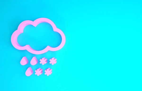 Nuage rose avec icône neige et pluie isolé sur fond bleu. Icône météo. Concept de minimalisme. Illustration 3D rendu 3D — Photo