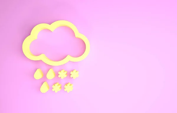노란 구름에 눈 과 비의 아이콘 이 핑크 색 배경에 고립되어 있습니다. 날씨 아이콘. 최소성 개념. 3D 일러스트 3D 렌더링 — 스톡 사진