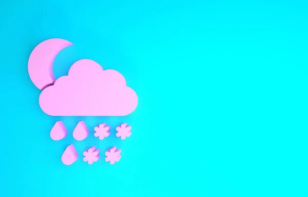 Nube rosa con la nieve, la lluvia y la luna icono aislado sobre fondo azul. Icono del clima. Concepto minimalista. 3D ilustración 3D render — Foto de Stock