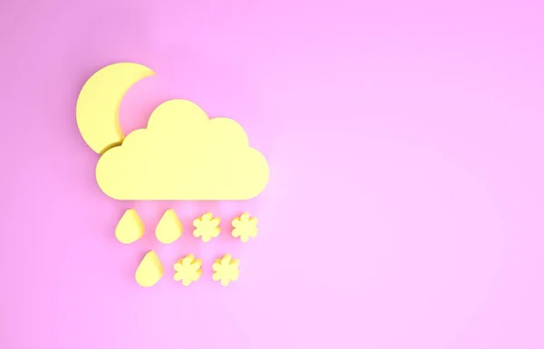 Gelbe Wolke mit Schnee, Regen und Mondsymbol auf rosa Hintergrund. Wettersymbol. Minimalismus-Konzept. 3D Illustration 3D Renderer — Stockfoto