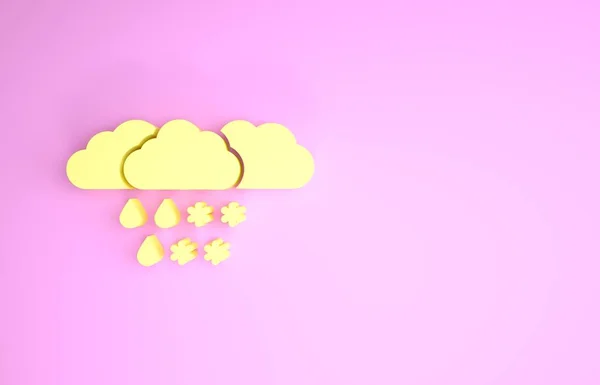 Gul sky med sne og regn ikon isoleret på lyserød baggrund. Vejr ikon. Minimalisme koncept. 3d illustration 3D gengivelse - Stock-foto
