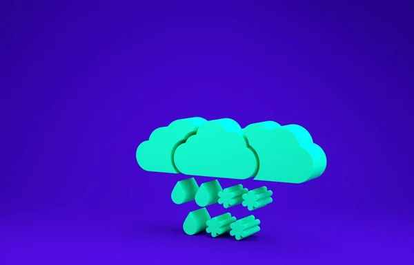 Green Cloud with snow and rain icon isolated on blue background. Weather icon. Minimalism concept. 3d illustration 3D render