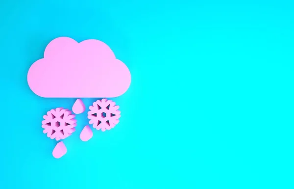Růžový mrak se sněhem a déšť ikony izolované na modrém pozadí. Ikona počasí. Minimalismus. 3D ilustrace 3D vykreslení — Stock fotografie