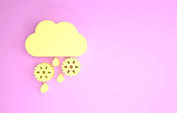 Gult moln med snö och regn ikon isolerad på rosa bakgrund. Väderikonen. Minimalistiskt koncept. 3D-illustration 3D-återgivning — Stockfoto