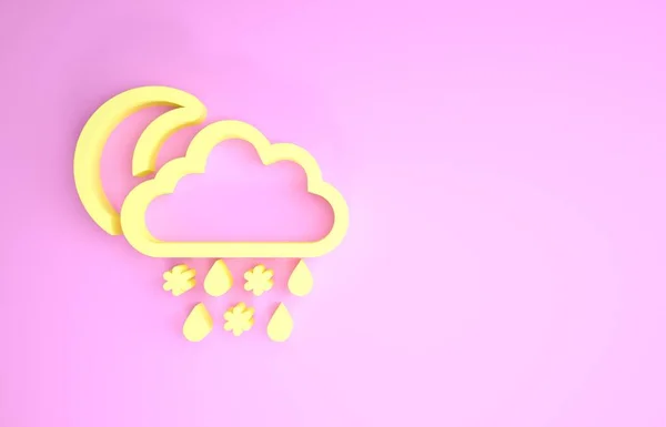 Sárga felhő hó, eső és hold ikon elszigetelt rózsaszín háttérrel. Időjárás ikon. Minimalizmus koncepció. 3d illusztráció 3d render — Stock Fotó