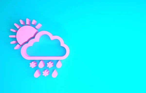 Рожева хмара зі снігом, дощем та сонцем ізольована на синьому фоні. Піктограма погоди. Концепція мінімалізму. 3D ілюстрація 3D рендеринга — стокове фото