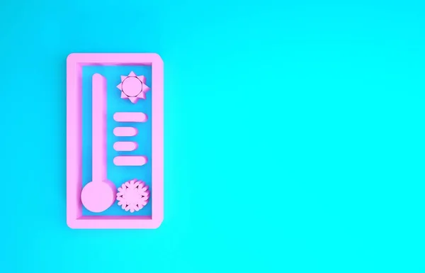 Das rosafarbene Meteorologie-Thermometer misst Hitze und Kälte isoliert auf blauem Hintergrund. Thermometer, die heißes oder kaltes Wetter anzeigen. Minimalismus-Konzept. 3D Illustration 3D Renderer — Stockfoto