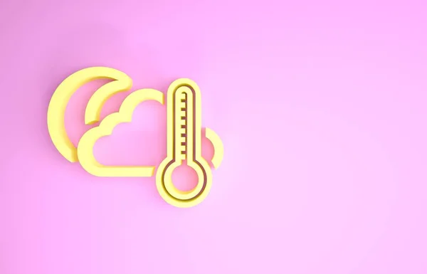 Termometro giallo e nuvola con icona lunare isolata su sfondo rosa. Concetto minimalista. Illustrazione 3d rendering 3D — Foto Stock
