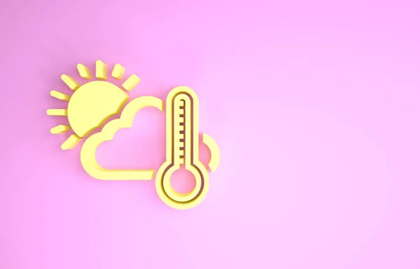 Желтый термометр и облако с изображением солнца изолированы на розовом фоне. Концепция минимализма. 3D-рендеринг — стоковое фото