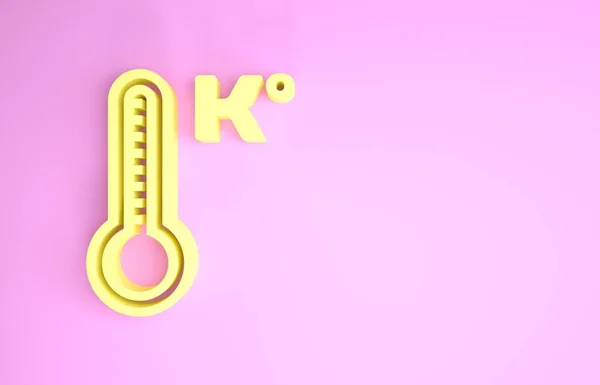 Желтый метеорологический термометр, измеряющий тепло и холодную иконку на розовом фоне. Температура Келвин. Концепция минимализма. 3D-рендеринг — стоковое фото