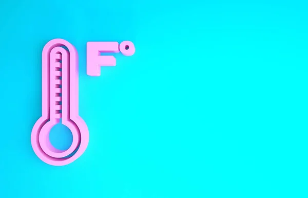 ピンク気象温度計は、青い背景に隔離された熱と冷たいアイコンを測定します。華氏の温度最小限の概念。3Dイラスト3Dレンダリング — ストック写真