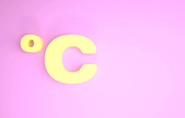 Żółta ikona Celsjusza izolowana na różowym tle. Koncepcja minimalizmu. Ilustracja 3d — Zdjęcie stockowe
