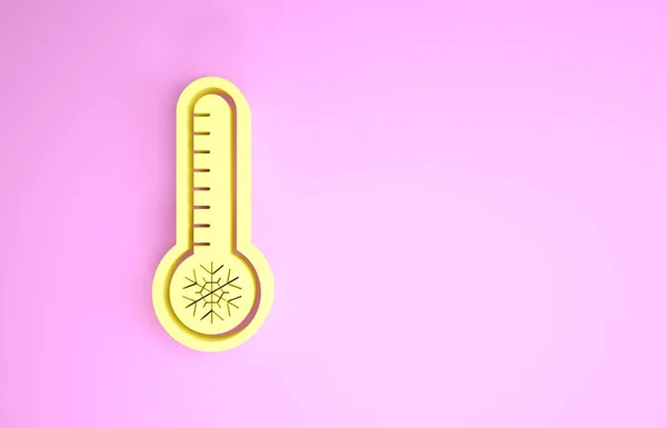Žlutý meteorologický teploměr měření tepla a studené ikony izolované na růžovém pozadí. Teploměr ukazuje teplé nebo studené počasí. Minimalismus. 3D ilustrace 3D vykreslení — Stock fotografie