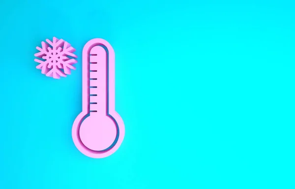 Розовый метеорологический термометр, измеряющий тепло и холодную иконку на синем фоне. Термометр показывает жаркую или холодную погоду. Концепция минимализма. 3D-рендеринг — стоковое фото