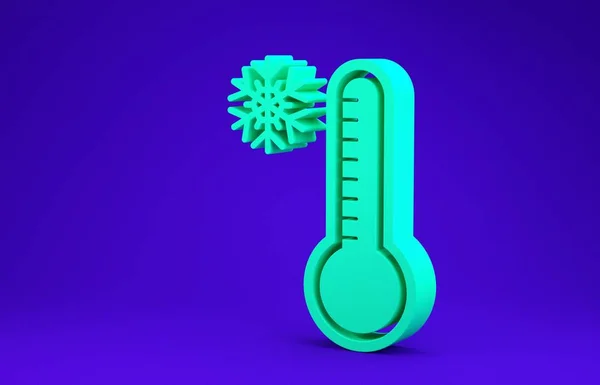 Termômetro de meteorologia verde medindo calor e ícone frio isolado no fundo azul. Equipamento termômetro mostrando clima quente ou frio. Conceito de minimalismo. 3D ilustração 3D render — Fotografia de Stock