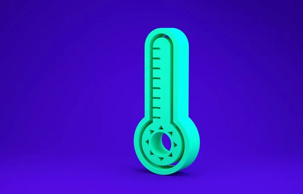 Termometro Meteorologia verde che misura il calore e l'icona a freddo isolata su sfondo blu. Apparecchiatura termometrica che mostra tempo caldo o freddo. Concetto minimalista. Illustrazione 3d rendering 3D — Foto Stock