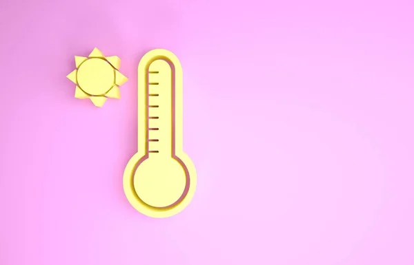 Žlutý meteorologický teploměr měření tepla a studené ikony izolované na růžovém pozadí. Teploměr ukazuje teplé nebo studené počasí. Minimalismus. 3D ilustrace 3D vykreslení — Stock fotografie