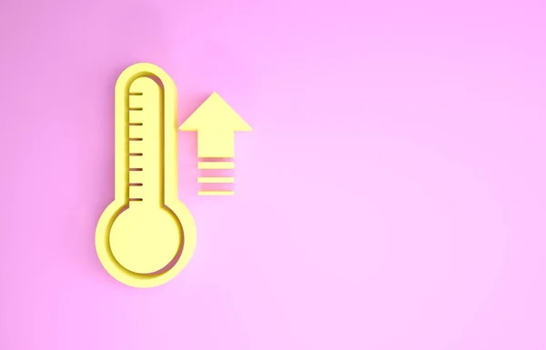 Gelbes Meteorologie-Thermometer, das Hitze und Kälte misst, isoliert auf rosa Hintergrund. Thermometerausrüstung, die heißes oder kaltes Wetter zeigt. Minimalismus-Konzept. 3D Illustration 3D Renderer — Stockfoto