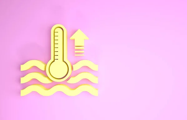 Termometro ad acqua giallo che misura il calore e l'icona a freddo isolata su sfondo rosa. Apparecchiatura termometrica che mostra tempo caldo o freddo. Concetto minimalista. Illustrazione 3d rendering 3D — Foto Stock