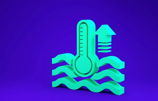 Grünes Wasserthermometer, das Wärme und Kälte misst, isoliert auf blauem Hintergrund. Thermometerausrüstung, die heißes oder kaltes Wetter zeigt. Minimalismus-Konzept. 3D Illustration 3D Renderer — Stockfoto