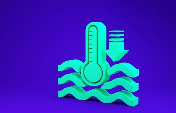 Термометр зеленой воды, измеряющий тепло и холод, изолирован на синем фоне. Термометр показывает жаркую или холодную погоду. Концепция минимализма. 3D-рендеринг — стоковое фото