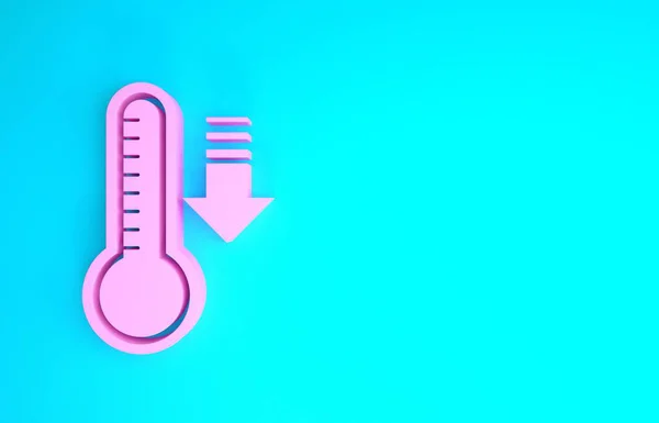 Termómetro de meteorología rosa que mide el calor y el frío icono aislado sobre fondo azul. Equipo de termómetro que muestra clima caliente o frío. Concepto minimalista. 3D ilustración 3D render — Foto de Stock