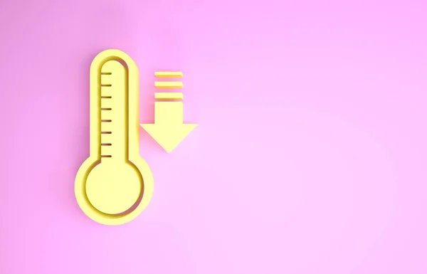 Termometro Meteorologia Gialla che misura calore e icona a freddo isolata su fondo rosa. Apparecchiatura termometrica che mostra tempo caldo o freddo. Concetto minimalista. Illustrazione 3d rendering 3D — Foto Stock