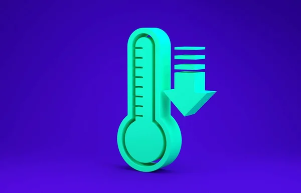 Meteorologi Hijau termometer mengukur panas dan ikon dingin terisolasi pada latar belakang biru. Peralatan termometer menunjukkan cuaca panas atau dingin. Konsep minimalisme. Tampilan 3D ilustrasi 3d — Stok Foto