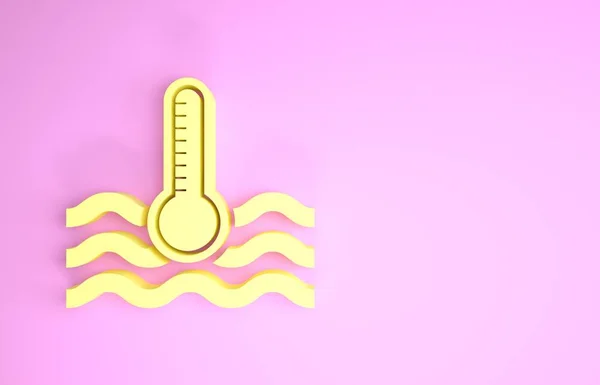 Sarı Su termometresi, pembe arka planda izole edilmiş ısı ve soğuk ikonu ölçüyor. Termometre termometresi sıcak ya da soğuk hava gösteriyor. Minimalizm kavramı. 3d illüstrasyon 3d canlandırma — Stok fotoğraf
