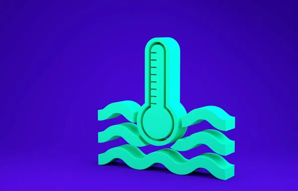 Termometer air hijau mengukur panas dan ikon dingin yang terisolasi pada latar belakang biru. Peralatan termometer menunjukkan cuaca panas atau dingin. Konsep minimalisme. Tampilan 3D ilustrasi 3d — Stok Foto