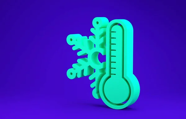 Mavi arka planda kar tanesi ikonu olan yeşil termometre. Minimalizm kavramı. 3d illüstrasyon 3B canlandırma — Stok fotoğraf