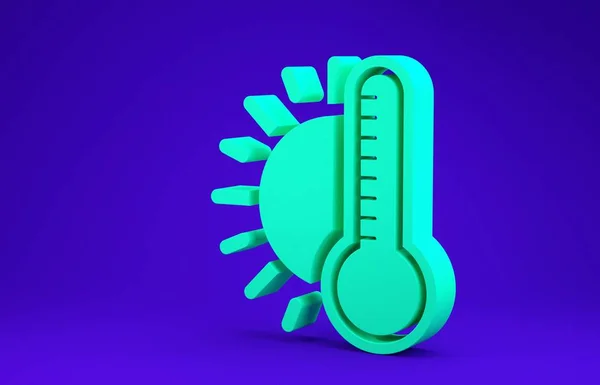 Zelený teploměr s ikonou slunce izolovaný na modrém pozadí. Minimalismus. 3D ilustrace 3D vykreslení — Stock fotografie