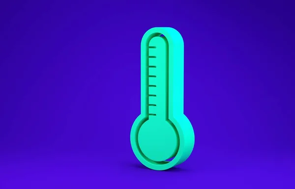 緑色気象温度計は、青い背景に隔離された熱と冷たいアイコンを測定します。高温または低温を示す温度計機器。最小限の概念。3Dイラスト3Dレンダリング — ストック写真