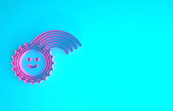 Arc-en-ciel rose avec icône solaire isolée sur fond bleu. Concept de minimalisme. Illustration 3D rendu 3D — Photo
