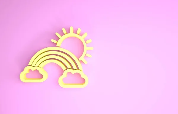 雲と太陽のアイコンがピンクの背景に隔離された黄色の虹。最小限の概念。3Dイラスト3Dレンダリング — ストック写真