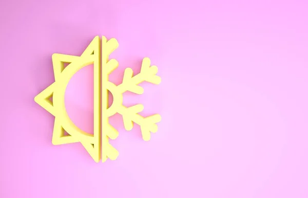 Símbolo amarillo caliente y frío. Icono de sol y copo de nieve aislado sobre fondo rosa. Símbolo de invierno y verano. Concepto minimalista. 3D ilustración 3D render — Foto de Stock