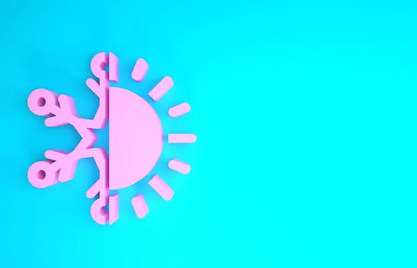 粉红又热又冷的象征. 太阳和雪花图标隔离在蓝色的背景上. 冬天和夏天的象征。 最低纲领的概念。 3d说明3d — 图库照片