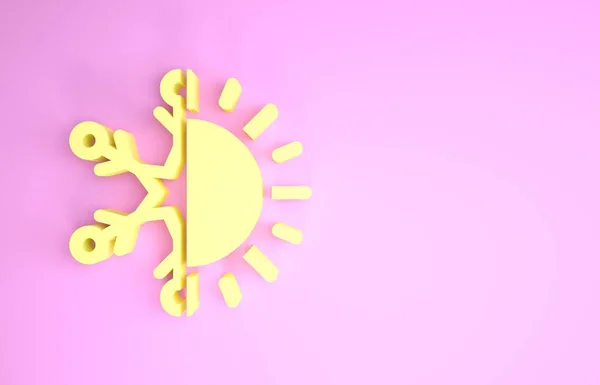 Sárga Forró és hideg szimbólum. Nap és hópehely ikon elszigetelt rózsaszín háttérrel. Téli és nyári szimbólum. Minimalizmus koncepció. 3d illusztráció 3d render — Stock Fotó