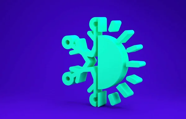 Verde Símbolo caliente y frío. Icono de sol y copo de nieve aislado sobre fondo azul. Símbolo de invierno y verano. Concepto minimalista. 3D ilustración 3D render —  Fotos de Stock